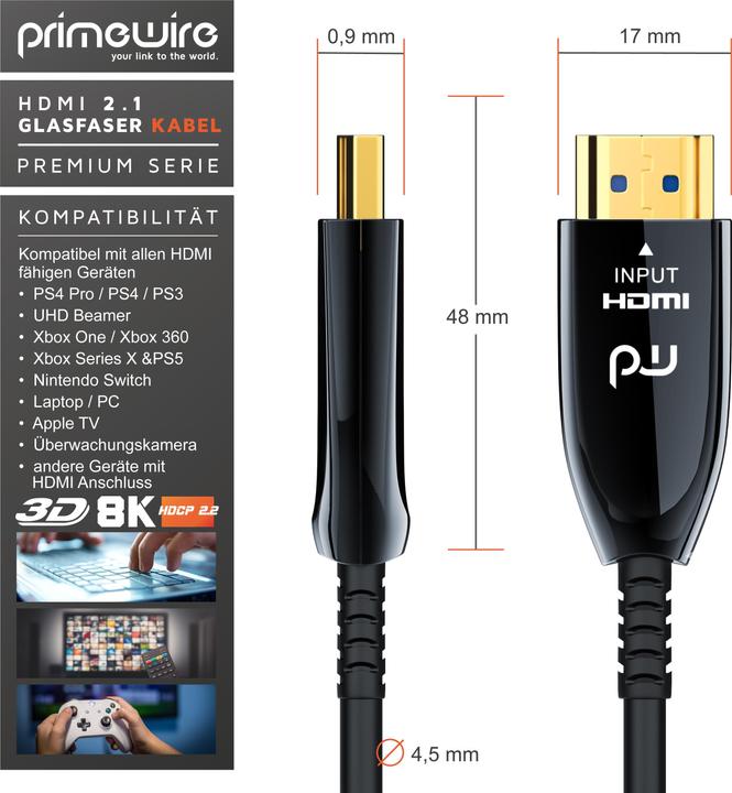 Actual product image Primewire HDMI fibre optic cable 2.1, type A, UHD, 8K @ 120Hz, 4k @ 240Hz with DSC, HDR10+, 3D, eARC, HDCP 2.3 (15 m, HDMI)
