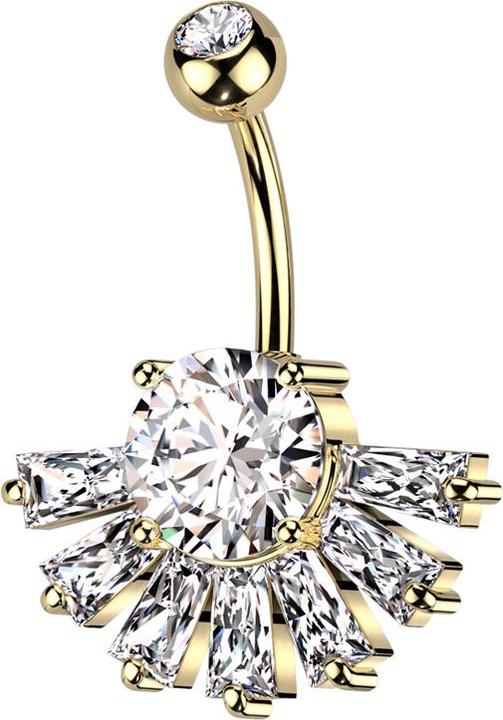 Produktbild Star Piercing Banane vergoldet mit Kugel Kristall silber und Fächer Kristalle Baguette silber (Messing, Chirurgenstahl 316L)