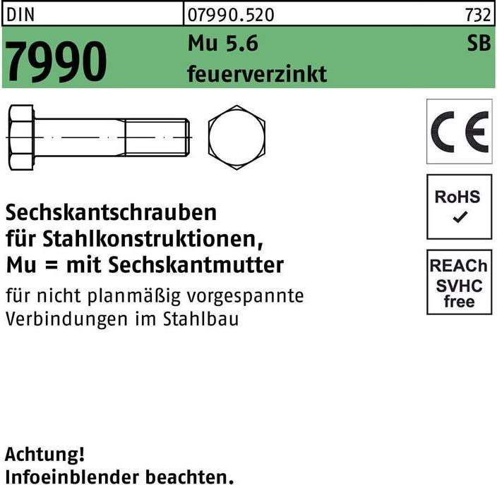 Actual product image Hexagon head bolt DIN 7990 CE w.hexagon nut M 16 x 65 5.6 hot-dip galvanised (25 Screws per piece)