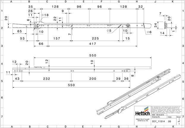 Produktbild Hettich Schubladenschiene Teilauszug Rollschubführung 550 mm weiss 2 Stück