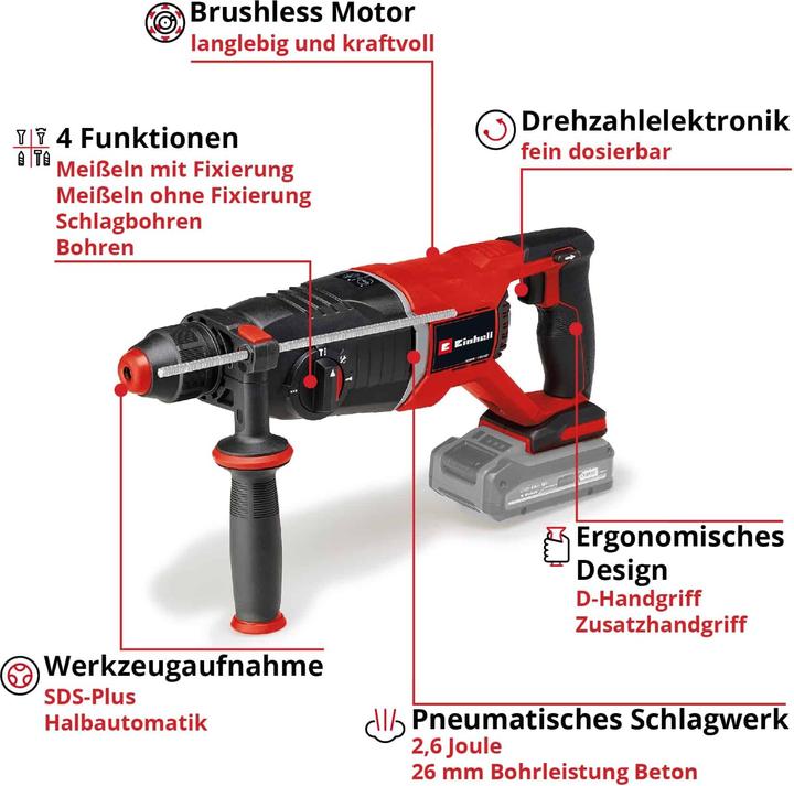Immagine prodotto Einhell TP-HD 18/26 D Li BL SDS-Plus Trapano a percussione a batteria 18V Li-Ion brushless, senza batteria (Batteria ricaricabile)