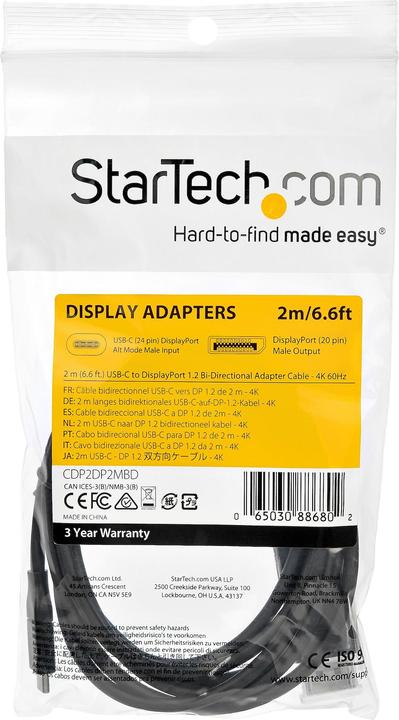 Actual product image StarTech .com 6.6' (2 m) USB C to DisplayPort 1.2 Cable (0.22 m, DisplayPort)