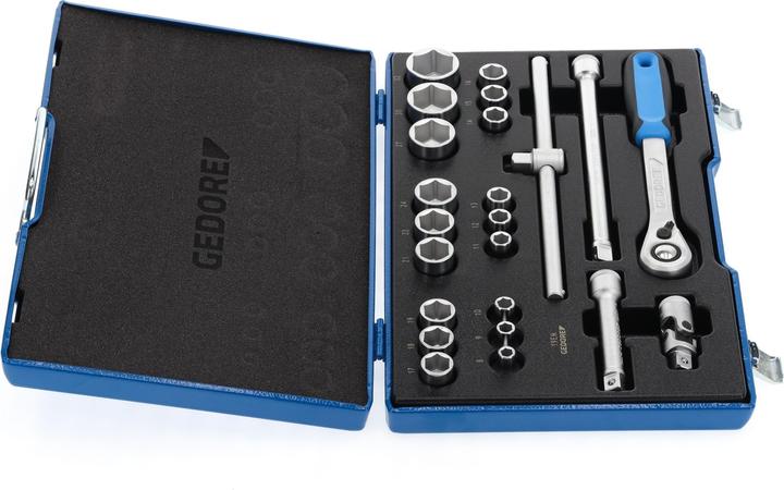 Produktbild Gedore 19 EMU-20 Steckschlüssel-Satz 1/2", 23-teilig, 6-kant, 8-32 mm (32 mm, 20 mm, 19 mm, 27 mm, 21 mm, 14 mm, 29 mm, 18 mm, 11 mm, 12 mm, 23 mm, 26 mm, 22 mm, 15 mm, 25 mm, 13 mm, 16 mm, 24 mm, 31 mm, 8 mm, 10  mm, 30 mm, 17 mm, 28 mm, 9 mm)
