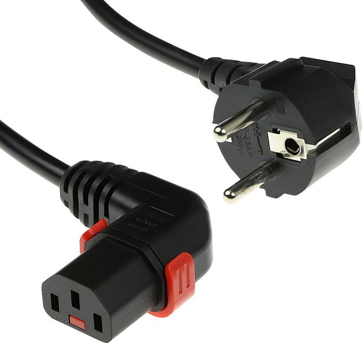 Actual product image Iec Lock 230V Powercord CEE 7/7 male(angled) to C13 (right angled) lockable, black, 2 meter (2 m)