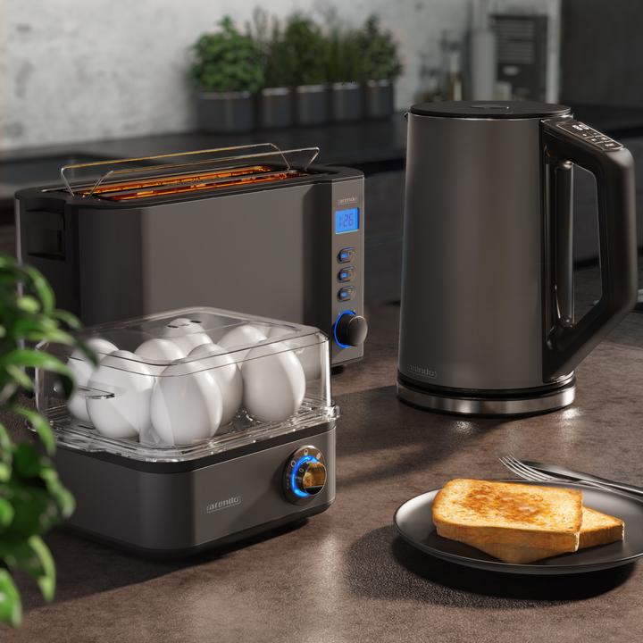 Produktbild Arendo Frühstücks Set, Wasserkocher 1,5l Temperaturwahl, 4-Scheiben Toaster & Eierkocher für 8 Eier, Grau (1.50 l)