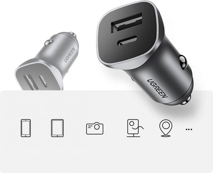 Actual product image Ugreen CD130 Car Charger, USB-A+PD 3.0, USB-C, QC3.0 30W (Grey)