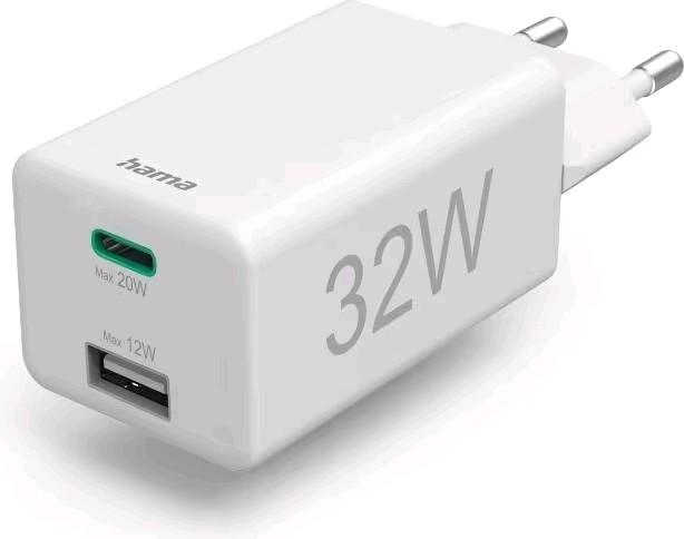 Produktbild Hama Schnellladegerät, 1x USB-C, 1x USB-A, Mini-Ladegerät, 32 Watt, Weiss (32 W)