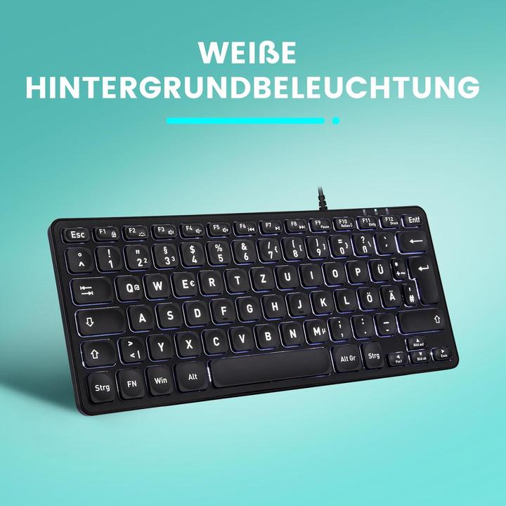 Produktbild Perixx PERIBOARD-332B DE, Mini-Tastatur, USB kabelgebunden, Hintergrundbeleuchtung, schwarz (DE, Kabelgebunden)