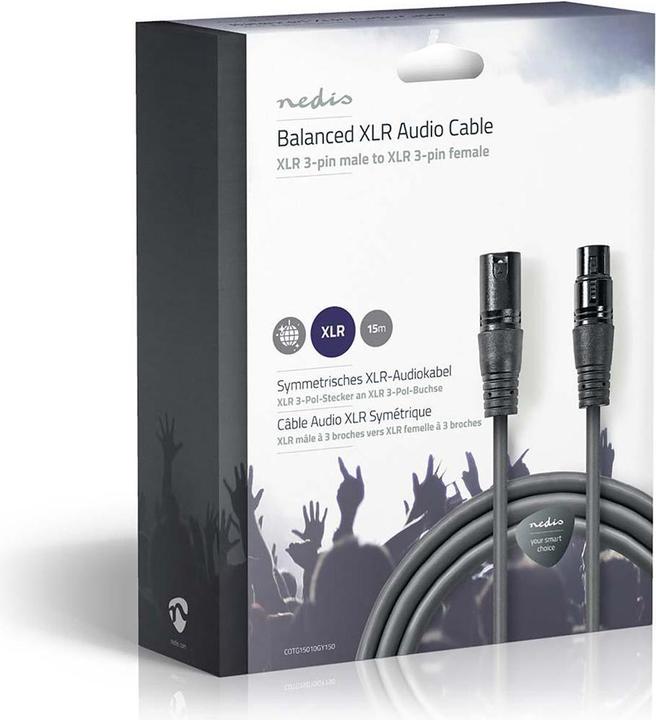 Actual product image Nedis Balanced Audio cable XLR 3-pin male XLR 3-pin female Nickel-plated 15.0 m round PVC Dark grey (15 m, XLR)