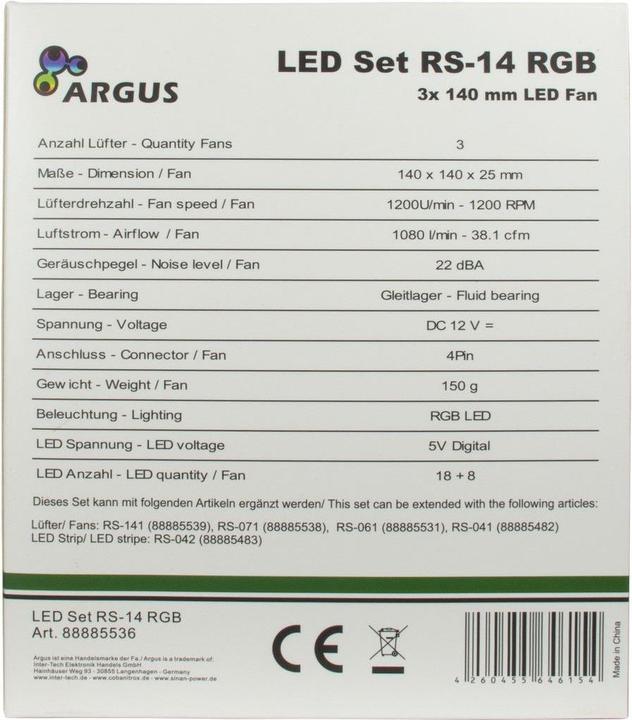 Nährwerte und Zutaten Intertech Inter-Tech Argus RGB-Fan Set RS-14 Computergehäuse Ventilator 14 cm Schwarz (140 mm, 1 x)