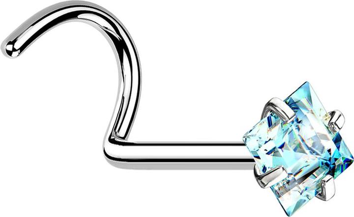 Produktbild Star Piercing Nasenstecker gebogen silber quadratischer Kristall aqua gefasst (ohne Messing, Chirurgenstahl 316L)