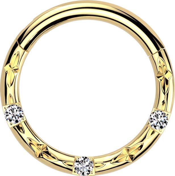 Star Piercing Micro Segmentring klappbar vergoldet Facettenschliff drei Kristalle silber (ohne Messing, Titan G23)