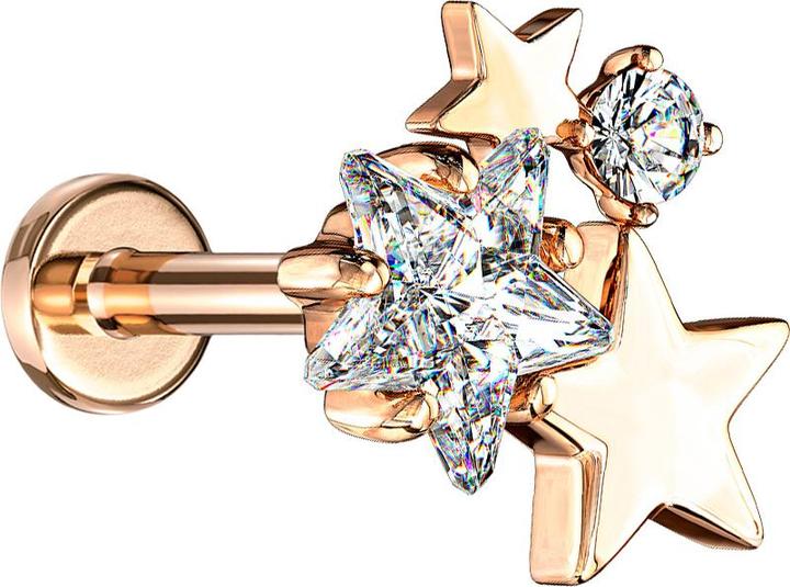 Produktbild Star Piercing Micro Labret Innengewinde rosegold Sterne mit Kristall (Messing, Chirurgenstahl 316L)
