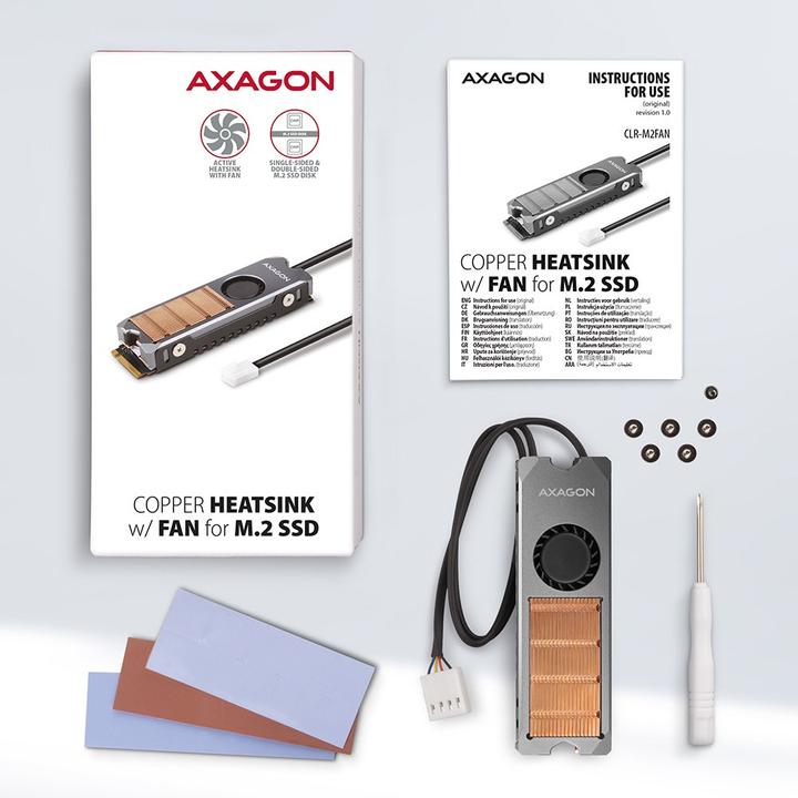 Image du produit Axagon CLR-M2FAN computer cooling system Solid-state drive Heatsink/Radiatior Grey 1 pièce(s)