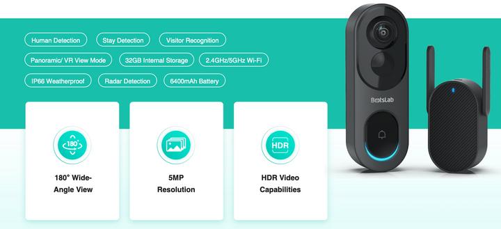 Image du produit Botslab Doorbell vidéo, 6400mAh Capacity, 180° Wide-Angle Vision, 32G Internal Storage, Human Detect (WiFi)