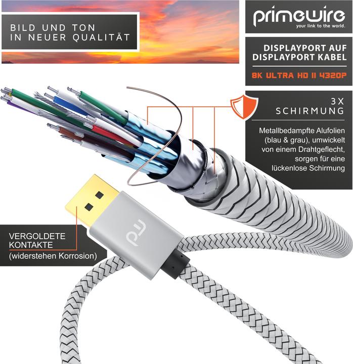 Produktbild Primewire DisplayPort Kabel, 8K Premium DP 1.4 Monitor Kabel, 8k 7680x4320 @ 60 Hz / 4k 3840 x 2160 120Hz (1 m, DisplayPort)