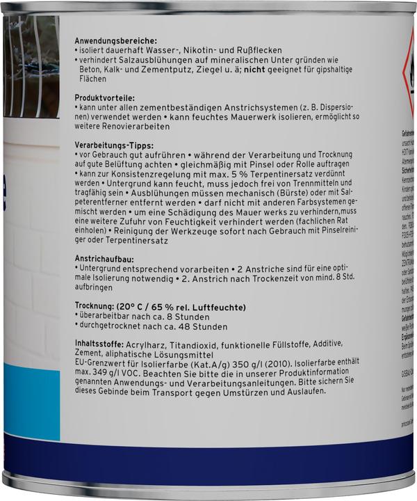 Nährwerte und Zutaten Plid Isolierfarbe LH 0,75L Weiss für ca. 20m² / Kellerfarbe Nikotinfarbe deckweiss Wandfarbe (Weiss, 0.75 l)