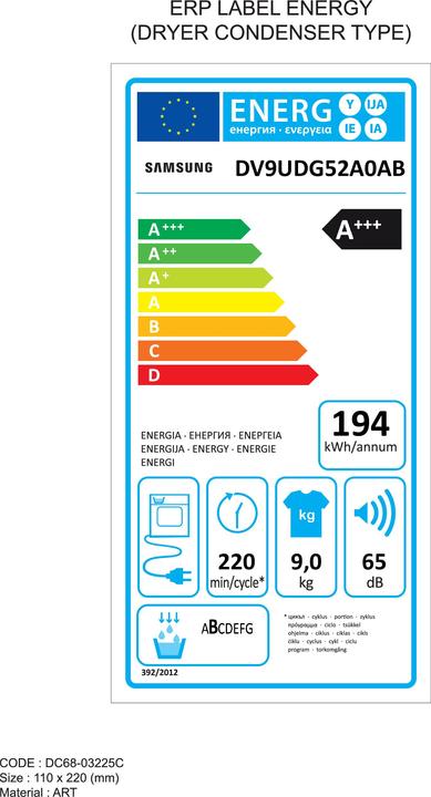 Etichetta energetica Samsung DV9UDG52A0ABEN - Wasdroger 9 kg A+++ OptimalDry AI Control Hygiene (9 kg, A destra)