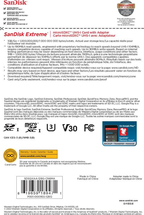 Image du produit SanDisk Extreme UHS-I V30 (128 Go, microSDXC, U3, UHS-I)