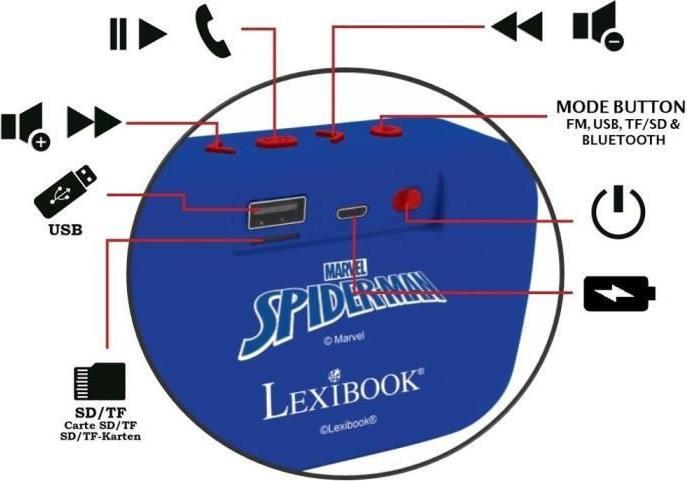 Actual product image Lexibook Spider-Man Bluetooth portable radio speaker with fabric finish