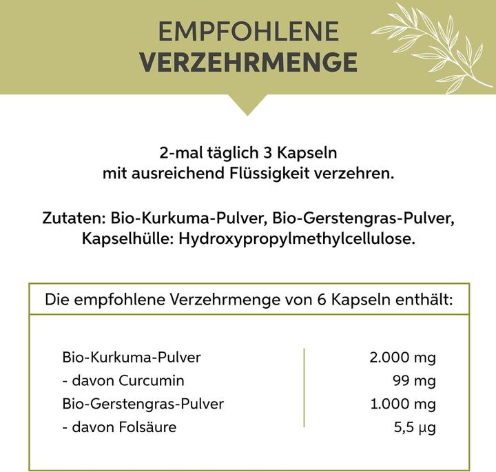 Nährwerte und Zutaten Eltabia Bio Kurkuma Gerstengras Kapseln | 100% rein ohne Zusätze (200 Stück, Kapseln, 100 g)