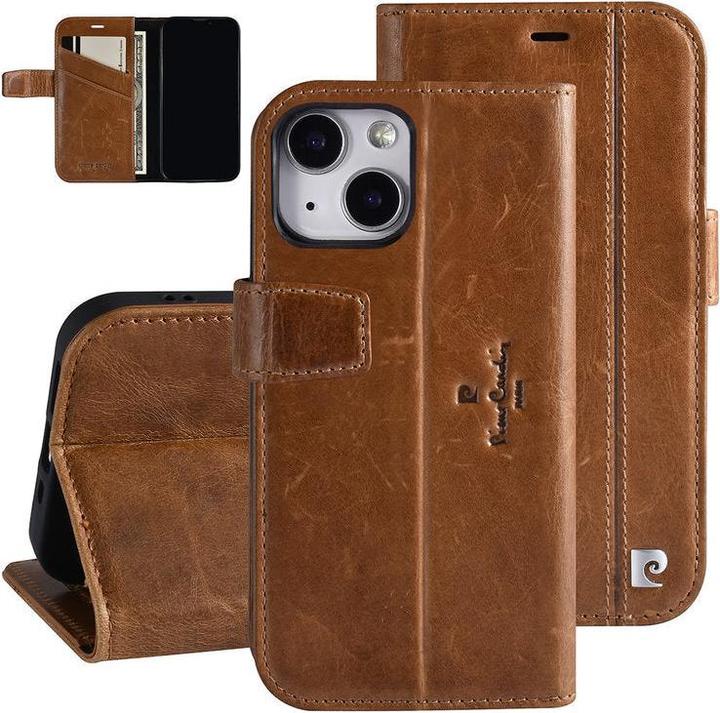 Pierre Cardin Case iPhone 13 Mini - Genuine leather book case brown & 2 card slots (Apple iPhone 13 mini)