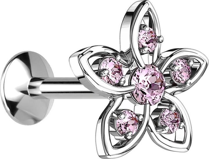 Produktbild Star Piercing Micro UFO Labret Innengewinde silber mit Blume und Kristall pink (Messing, Chirurgenstahl 316L)