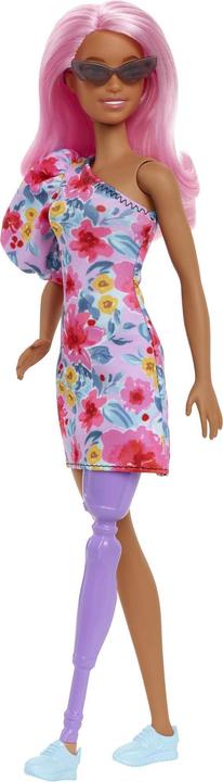 Actual product image Barbie Fashionistas doll in off-shoulder flower dress, pink hair, prosthetic legs, for children from 3 to 8