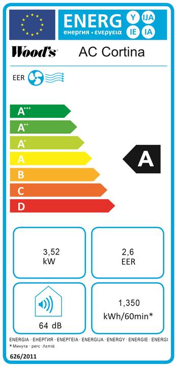 Label énergétique Wood's AC Cortina 12K Duo (50 m², 12000 BTU/h)