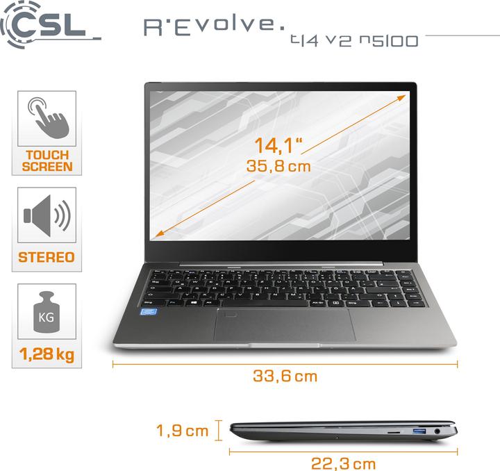 Produktbild CSL Notebook R'Evolve T14 v2 32 GB 2000 GB Windows 11 Home (14", Intel Celeron N5100, 32 GB, 2000 GB, DE)
