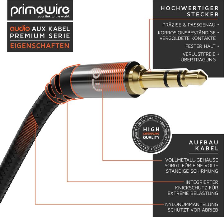Image du produit Primewire Câble jack 3,5 mm AUX, Câble audio avec gaine en nylon, Câble audio jack 3,5 mm vers jack (1.50 m, Jack 3,5 mm (AUX))