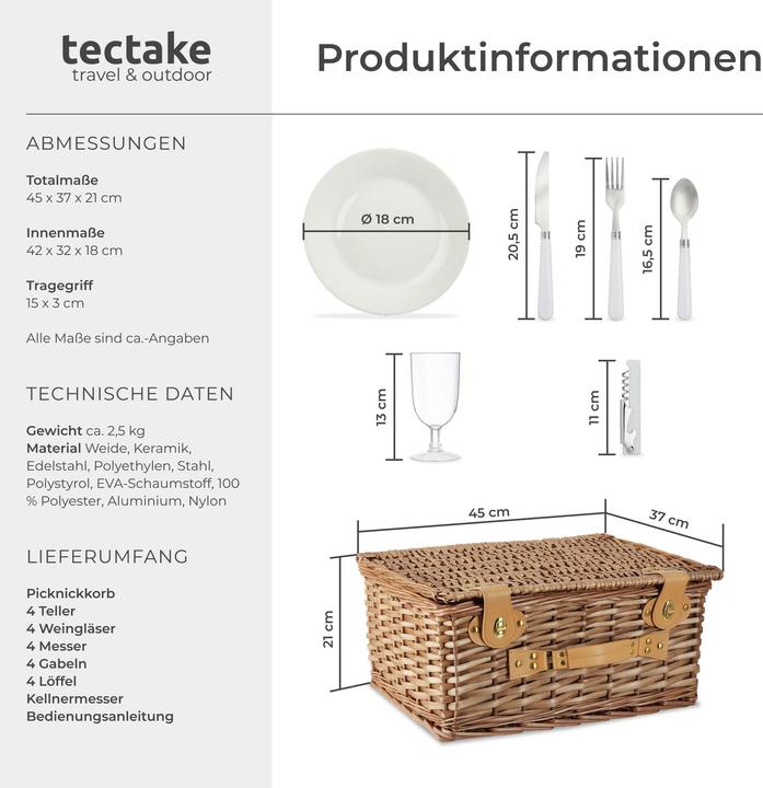 Immagine prodotto tectake Cestino da picnic Föhr per 4 persone, con scomparto refrigerante & accessori