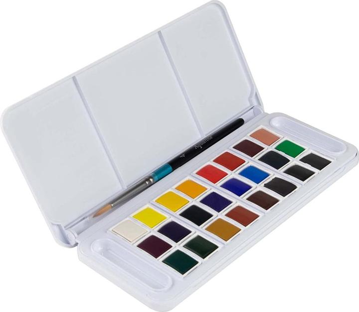 Produktbild Daler-Rowney Aquarellfarbe Aquafine New (Kadmiumgelb, alizarinkarmesin, Chromoxidgrün, Ultramarinblau dunkel, Blattgrün, Gummigut, Zitronengelb, Portraitrosa, Preussichblau, Kobaltviolett, Zinnober, Kobaltblau, Chinesischweiss, Kadmiumrot, Colin Blau, Hook. kleiner Aquarellpinsel, Purpurlack)