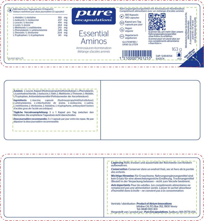 Nährwerte und Zutaten Pure encapsulations Essential Aminos Kapsel (neu) (180 Stück, Kapseln, 211 g)