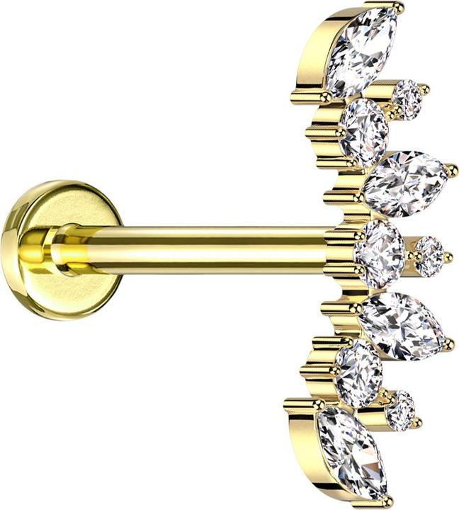 Actual product image Star Piercing Micro Labret internal thread gold plated fan gold plated four ovals and six round crystals silver (without brass, Titanium G23)