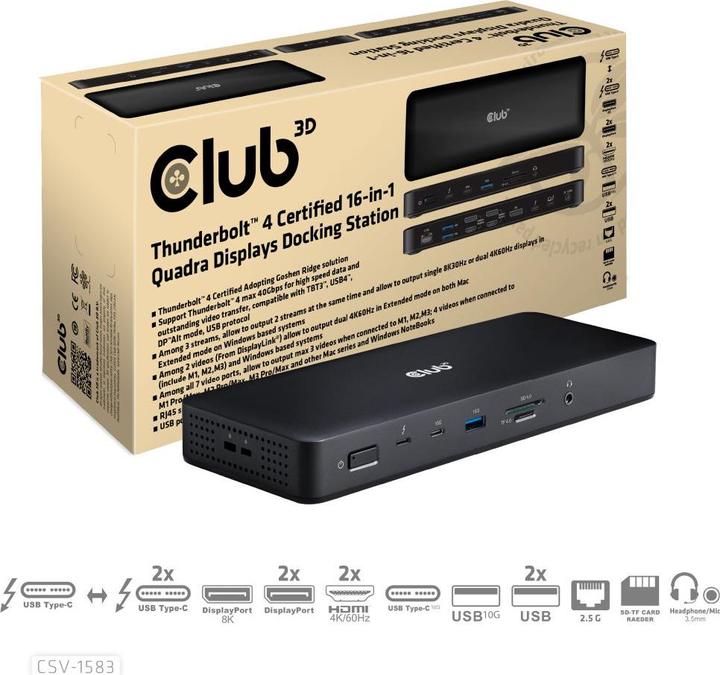 Image du produit Club 3D Station d'accueil Club3D Thunderbolt4 16-en-1 4 écrans St/Bu retail (Thunderbolt, 16 Ports)