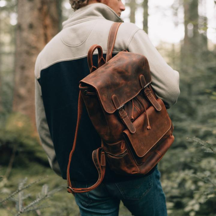 Produktbild Only-Bags.Store Handgefertigte Top Grain Leder Rucksack, witterungsbeständig Wandern, Frauen & Männer Geldbörse