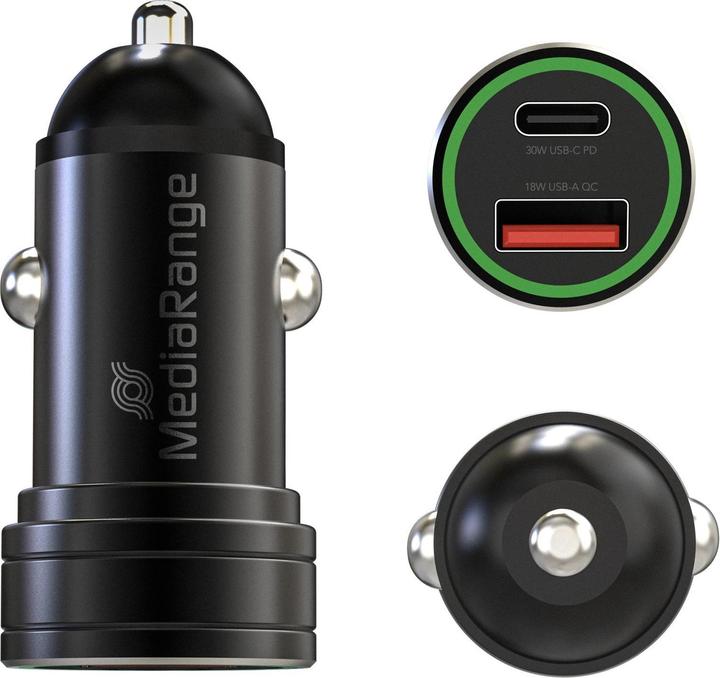 Produktbild MediaRange Kfz-Ladegerät 1xUSB-A u.1xUSB-C schw. Alu-Gehäuse