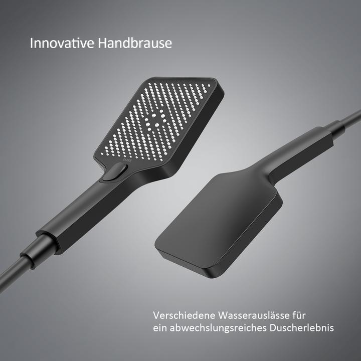 Produktbild Emke Duschsystem mit Thermostat, Handbrause + Regendusche(3 Strahlstärken) + Unterer Auslass, Schwarz