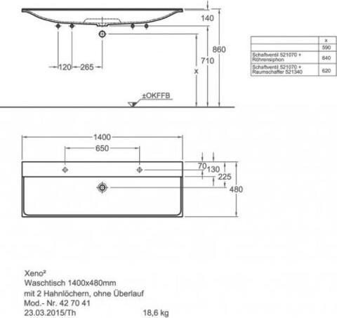 Image du produit Geberit Keramag Xeno 2 lavabo avec 2 trous pour robinetterie et sans trop-plein, 140x48cm, blanc, 500277001 (1500 mm, 1500 mm)