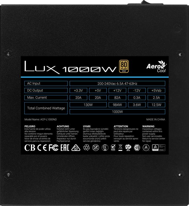 Image du produit AeroCool LUX1000 PC Power Supply 1000W 80 Plus Gold 90% Efficiency Juodas (1000 W)