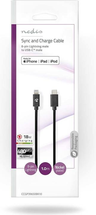 Produktbild Nedis CCGP39650BK10 Lightning Kabel USB 2.0 Apple Lightning 8-Pin USB-C™ Stecker 480 Mbps Vernickelt (1 m, USB 2.0)