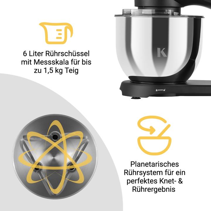 Produktbild KLAMER Küchenmaschine, Knetmaschine mit 6 Liter Edelstahl Schüssel (1800 W)