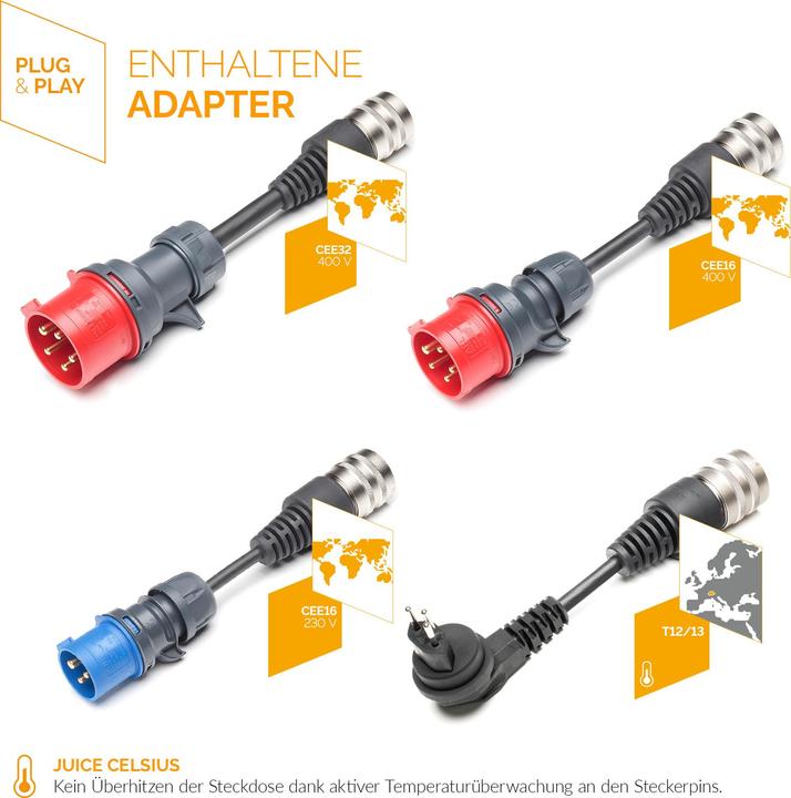 Productafbeelding Juice Technology Juice Booster 2 Zwitserse Reisset (Type 2, 22 kW, 32 A, CEE16 blauw, CEE16 rood, Type 13, CEE32 rood)