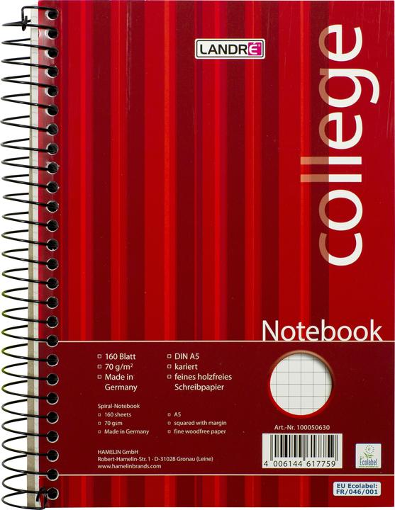 Produktbild Landré College A5 spiralgebundenes Notebook (A5, Kariert, Weicher Einband)