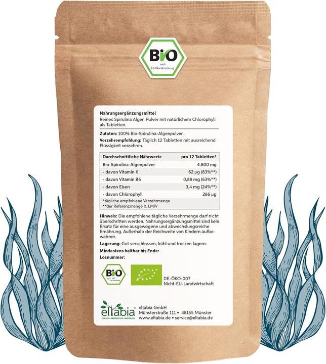 Immagine prodotto Eltabia Compresse di spirulina organica | Qualità premium di cibo crudo (250 Pezzo/i, Pillole)
