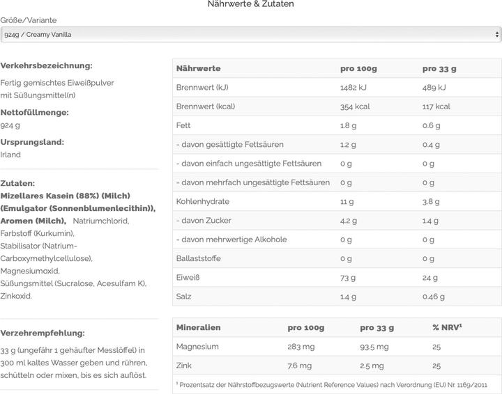 Nährwerte und Zutaten Optimum Nutrition Gold Standard 100% Casein (Vanille, 1 Stk., 924 g)