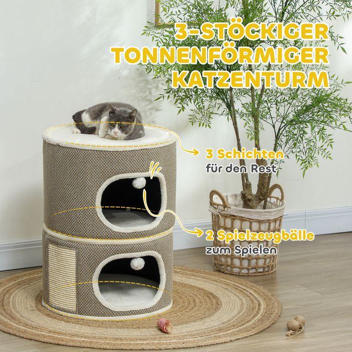 Produktbild Swisshandel24 Kratztonne, 69 cm hoch Katzentonne mit 2 Höhle, Kratzbaum für Katze bis 6 kg (69 cm, Kaffeebraun+Cremeweiss)