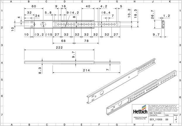 Produktbild Hettich Schubladenschiene Teilauszug 225-350 mm verzinkt 9136636 2 Stück