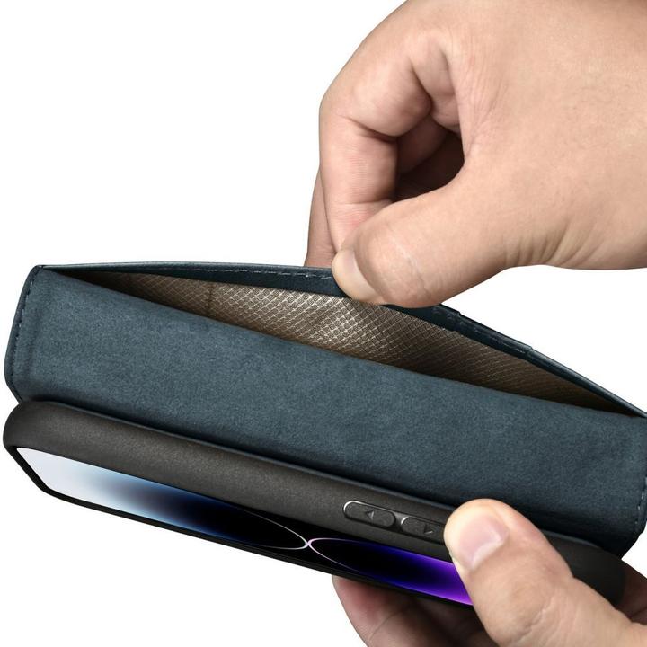 Produktbild iCarer oil Wax Wallet Case 2 in1 Cover iPhone 14 Pro Anti-RFID Leder Flip Case Blau (WMI14220722-BU) (Apple iPhone 14 Pro)